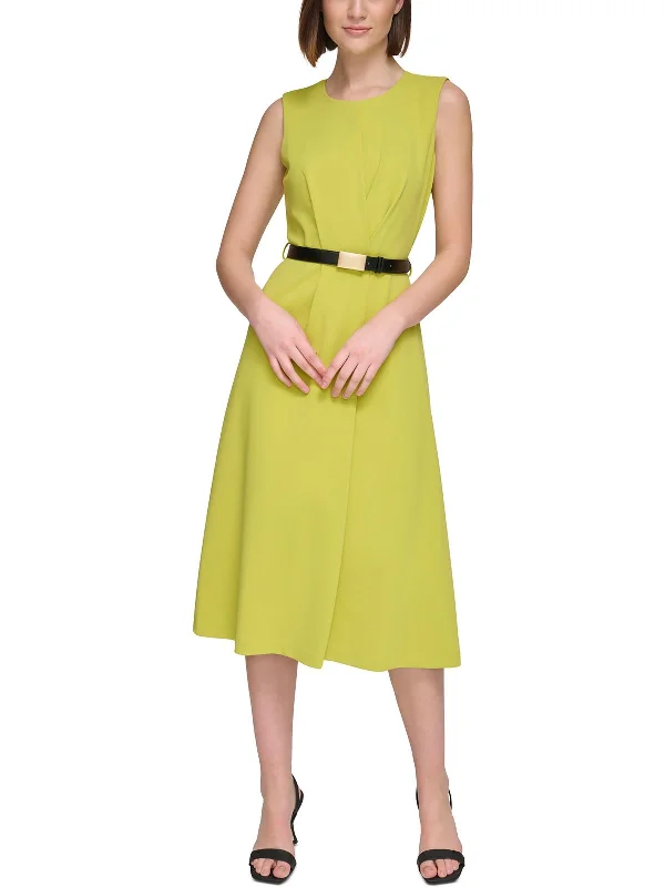 Womens Belted Polyester Midi Dress