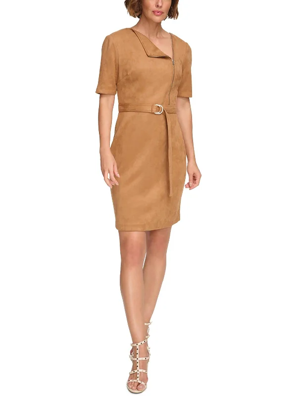 Womens Belted Faux Suede Shift Dress