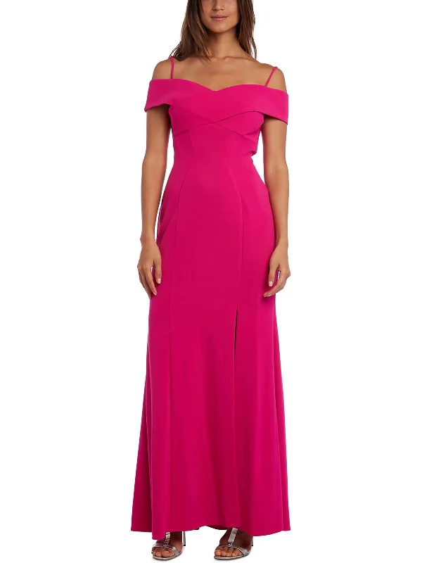 Petites Womens Off-The-Shoulder Slit Evening Dress