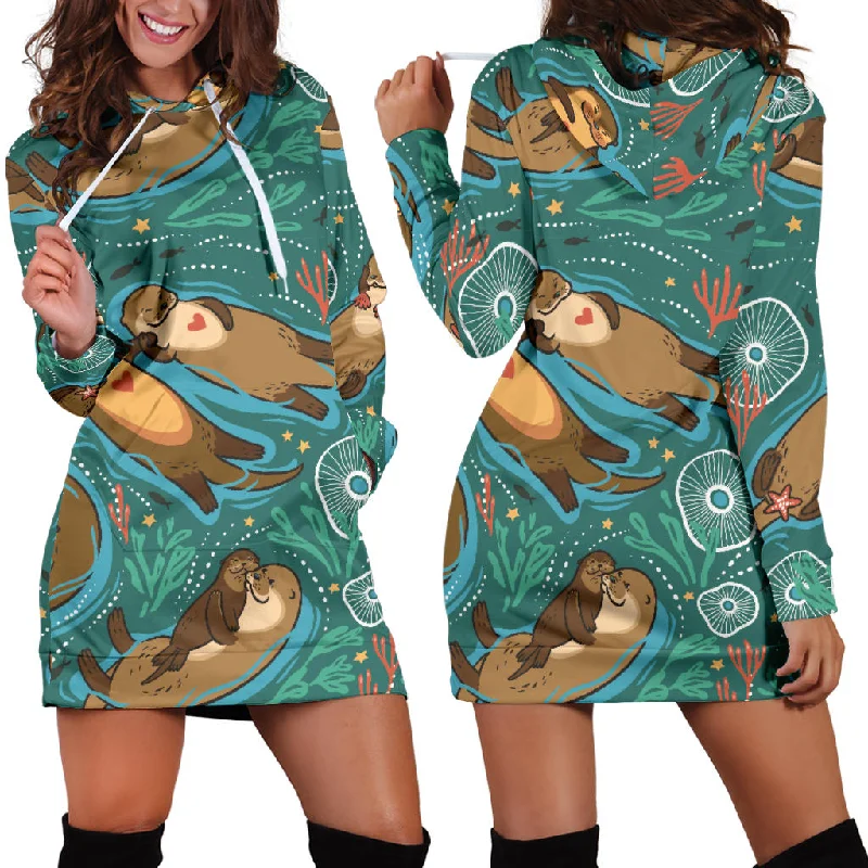 Cute Brown Sea Otters Ornamental Seaweed Corals Green Water Women'S Hoodie Dress