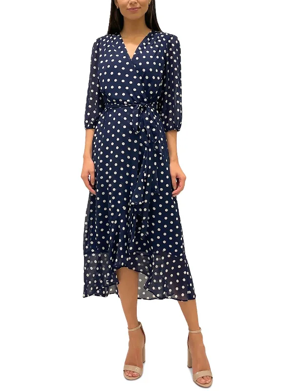 Womens Polka Dot Tea-Length Wrap Dress