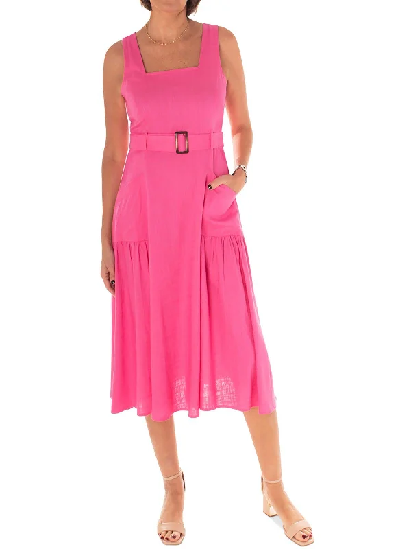 Womens Belted Linen Midi Dress