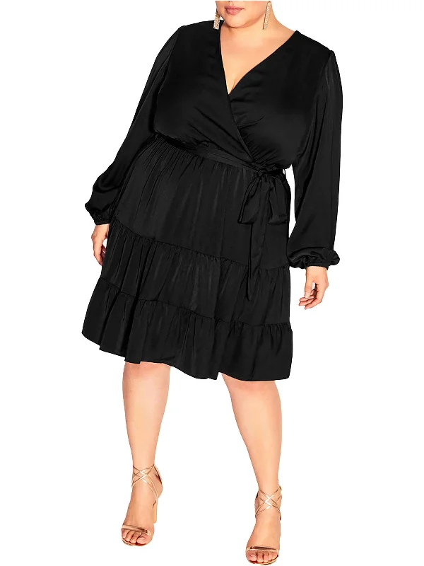 Plus Womens Faux-Wrap Bishop Sleeve Wrap Dress