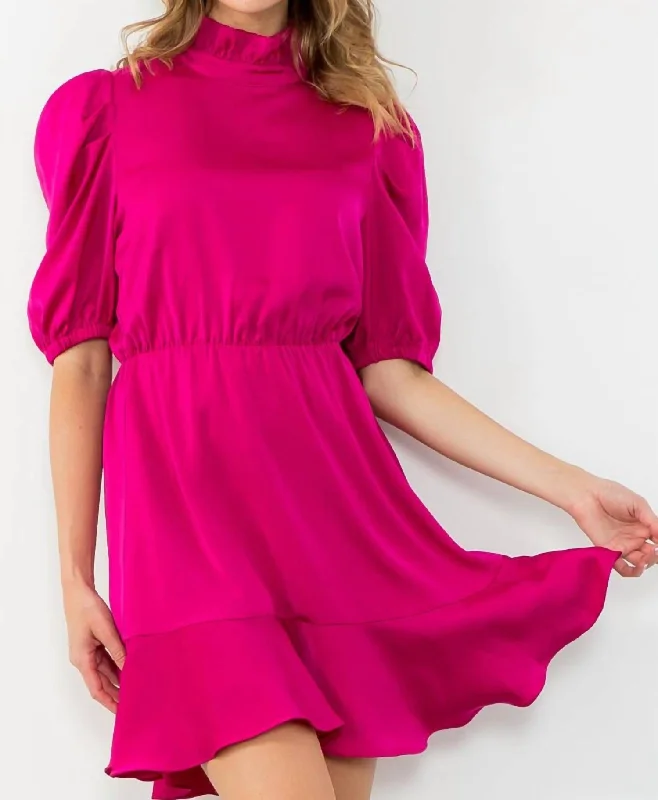 Short Sleeve Flutter Dress In Magenta