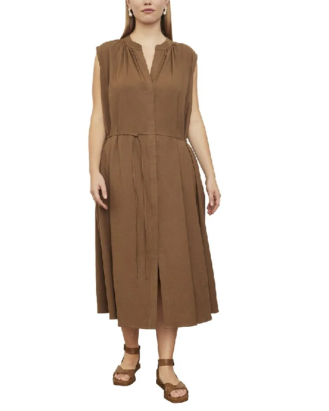 Vince Plus Shirred Band Collar Linen-Blend Dress