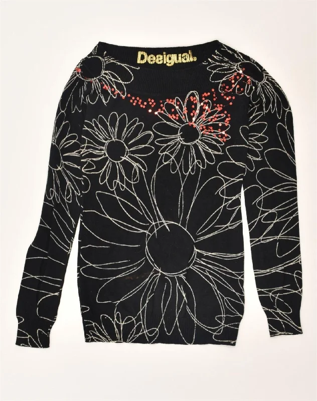 DESIGUAL Womens Graphic Boat Neck Jumper Sweater UK 8 Small Black Floral