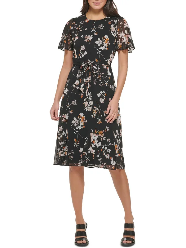 Petites Womens Midi Floral Print Fit & Flare Dress