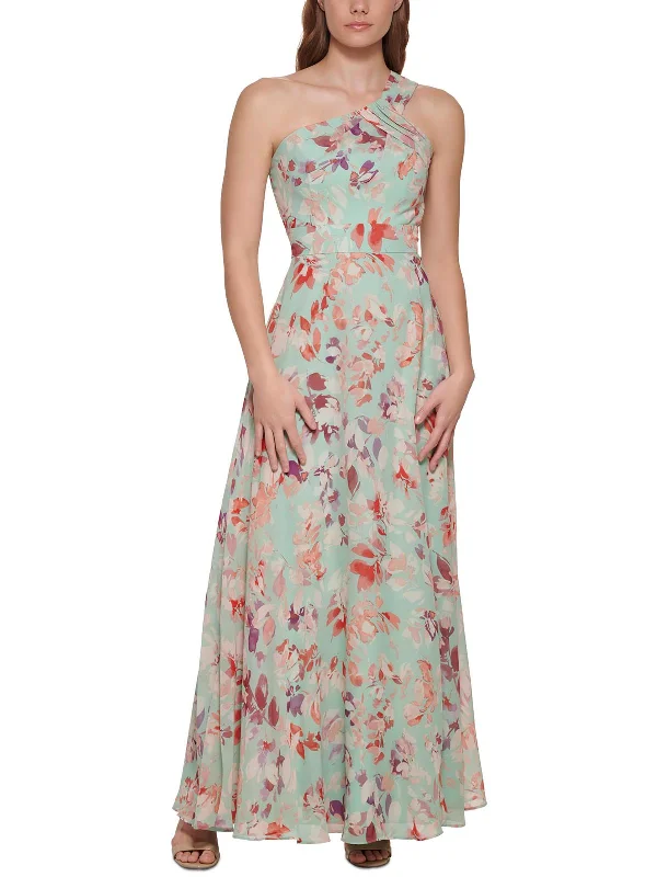 Womens Floral Print One Shoulder Evening Dress