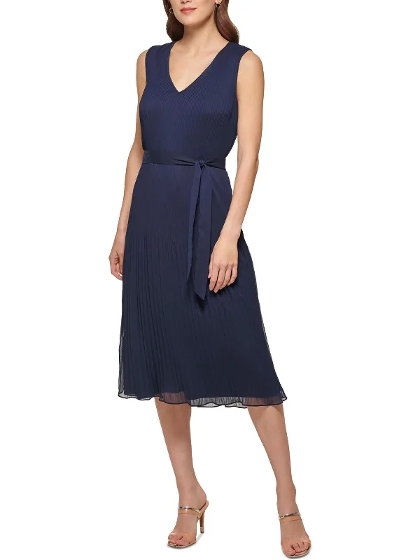 Womens Pleated Polyester Midi Dress