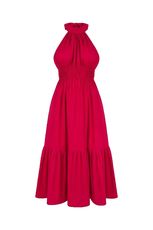 Harper Midi Halter Dress In Cherry Red