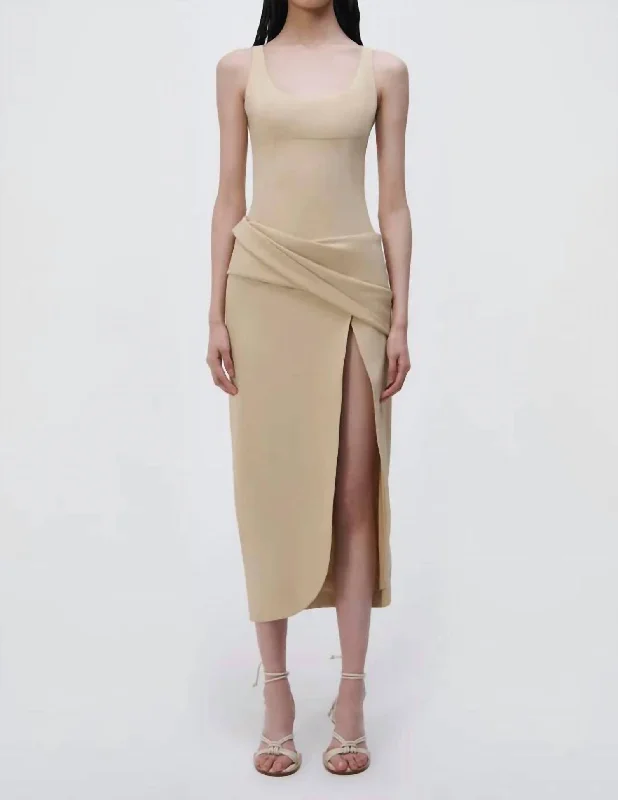 Angeline Draped Midi Dress In Dried Pineapple