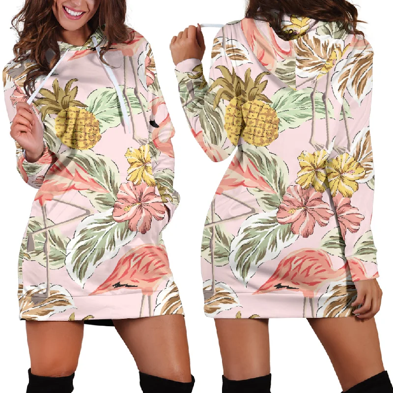 Pink Flamingo Birds Pineapples Hibiscus Flower Pattern Women'S Hoodie Dress