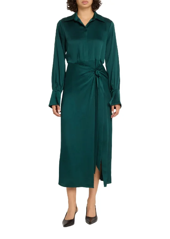 Samba Long Sleeve Draped Satin Dress In Emerald