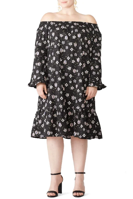 Printed Flare Sleeve Dress In Black