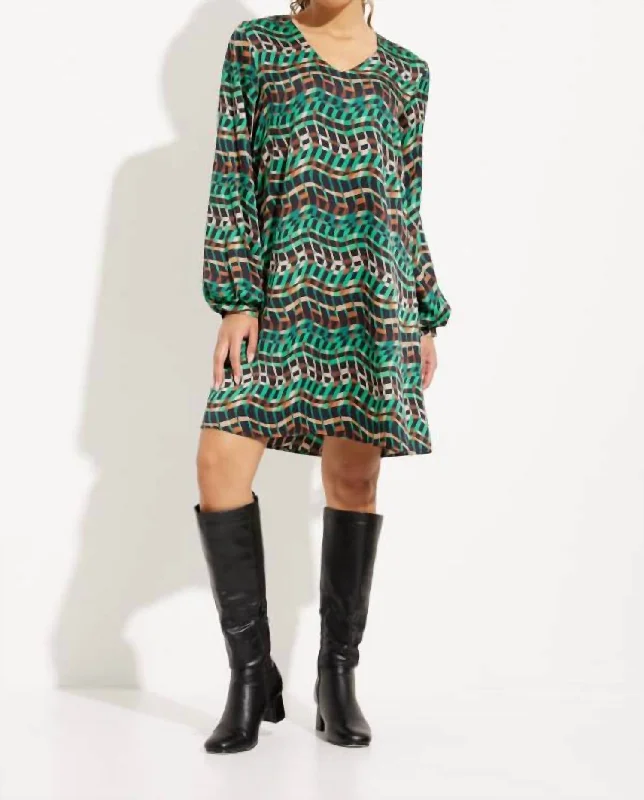 Geo Print Puff Sleeve Dress In Black/multi