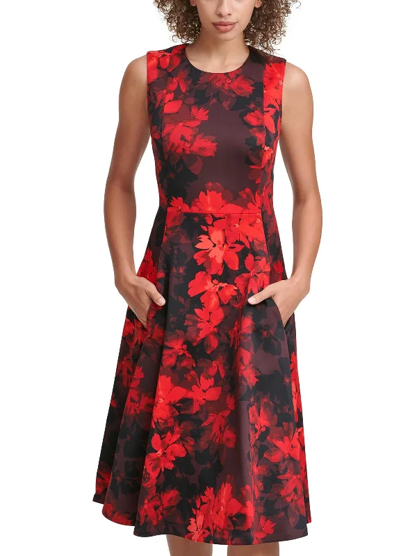 Womens Floral Print Crepe Fit & Flare Dress