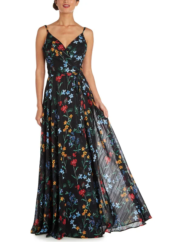 Womens Floral Print Faux Wrap Evening Dress