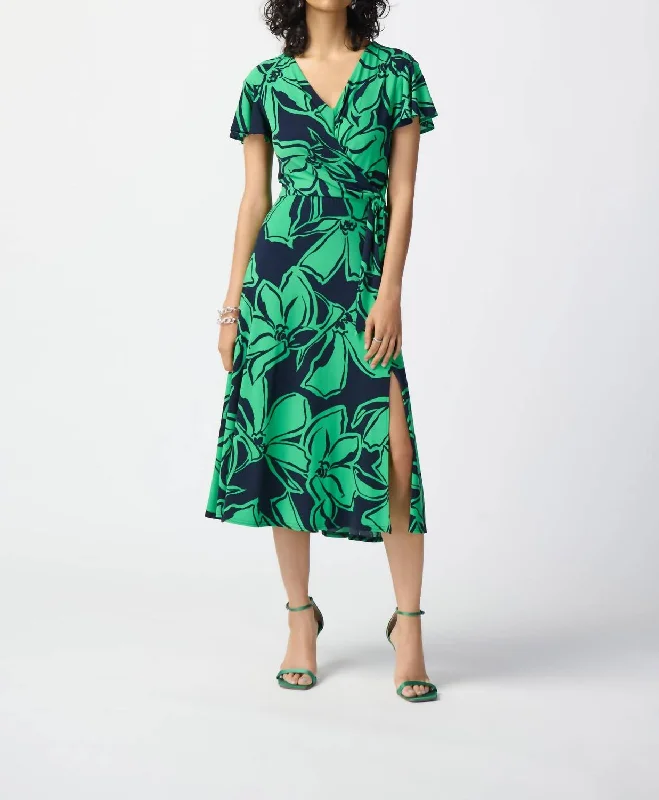 Floral Print Wrap Dress In Midnight Blue / Green