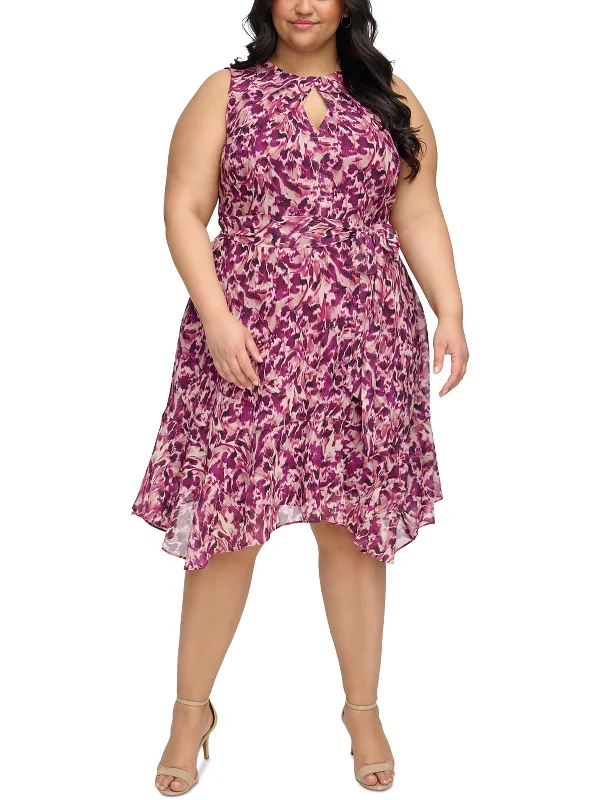 Plus Womens Midi Printed Fit & Flare Dress