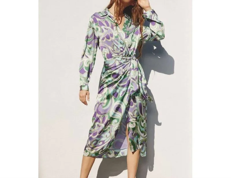 Groovy Girl Midi Shirt Wrap Dress In Lavender/green