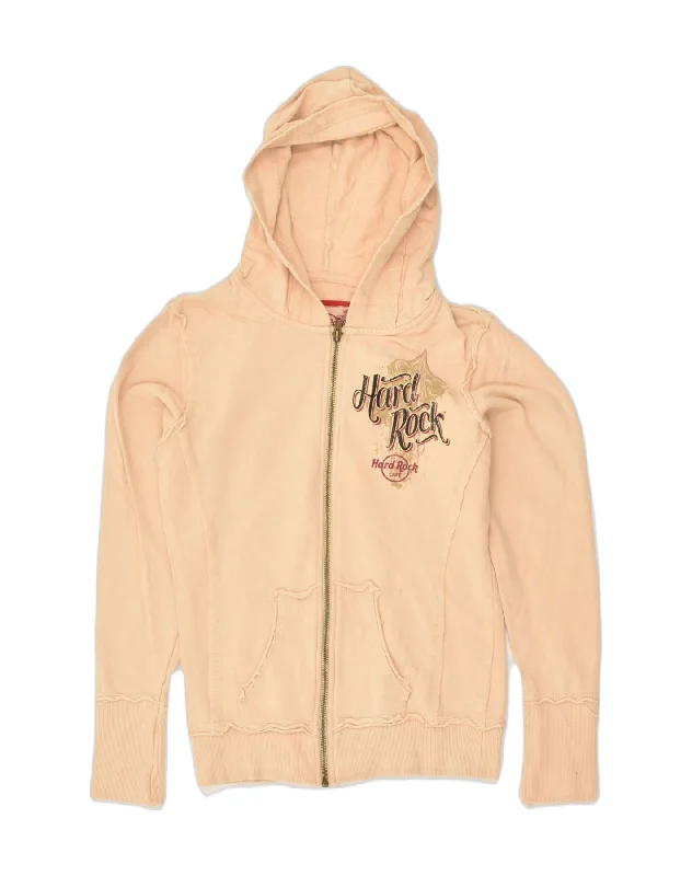 HARD ROCK CAFE Womens Graphic Zip Hoodie Sweater UK 8 Small Beige Cotton