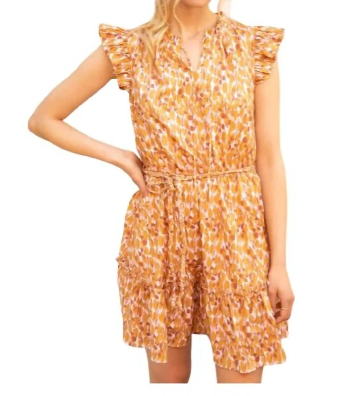 Braid Waist Tie Ruffle Print Dress In Mustard