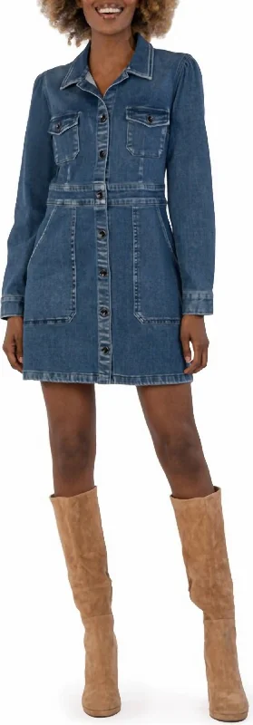 Priscilla Longsleeves Denim Mini Shirtdress In Medium Wash