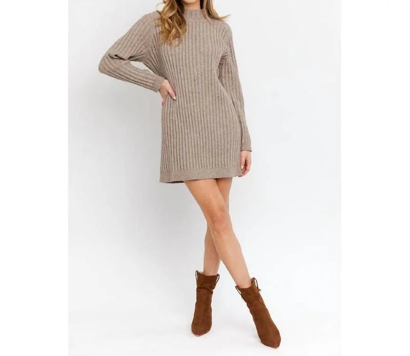 High Neck Knitted Sweater Dress In Mocha