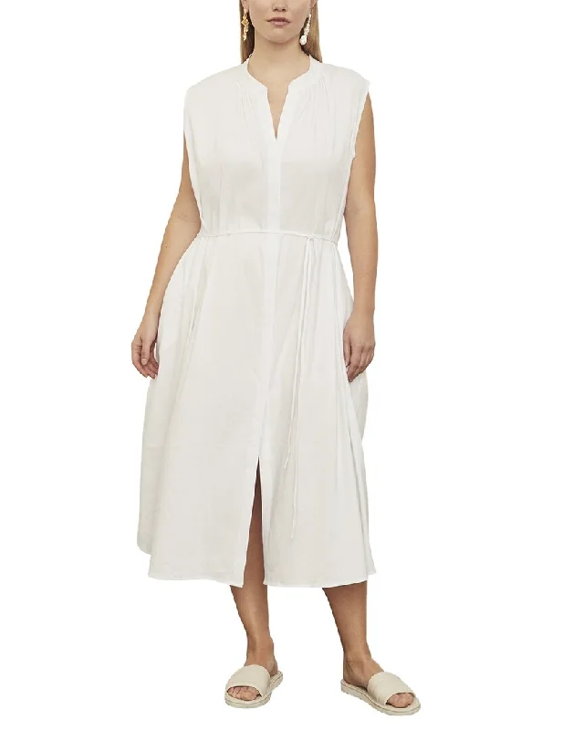 Vince Plus Shirred Band Collar Linen Dress