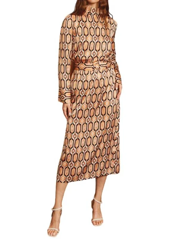 Tiger Eye Mock Neck Belted Midi Dress In Vintage Amber