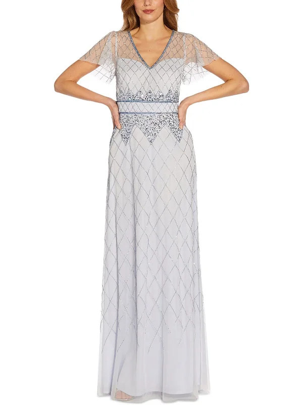 Womens Beaded V-Neck Evening Dress