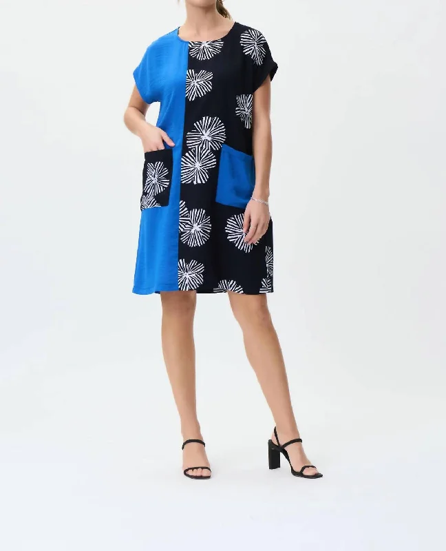 Printed Colour Blocked Dress In Midnight Blue/multi