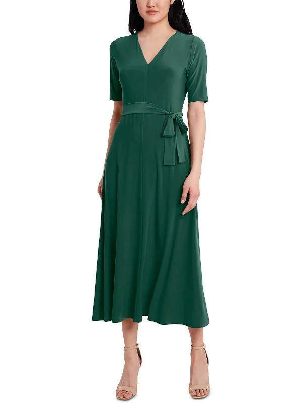 Womens Belted Tea Length Midi Dress