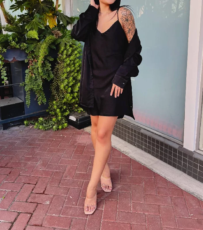 New Markdowns Satin Mini Slip Dress In Midnight Black