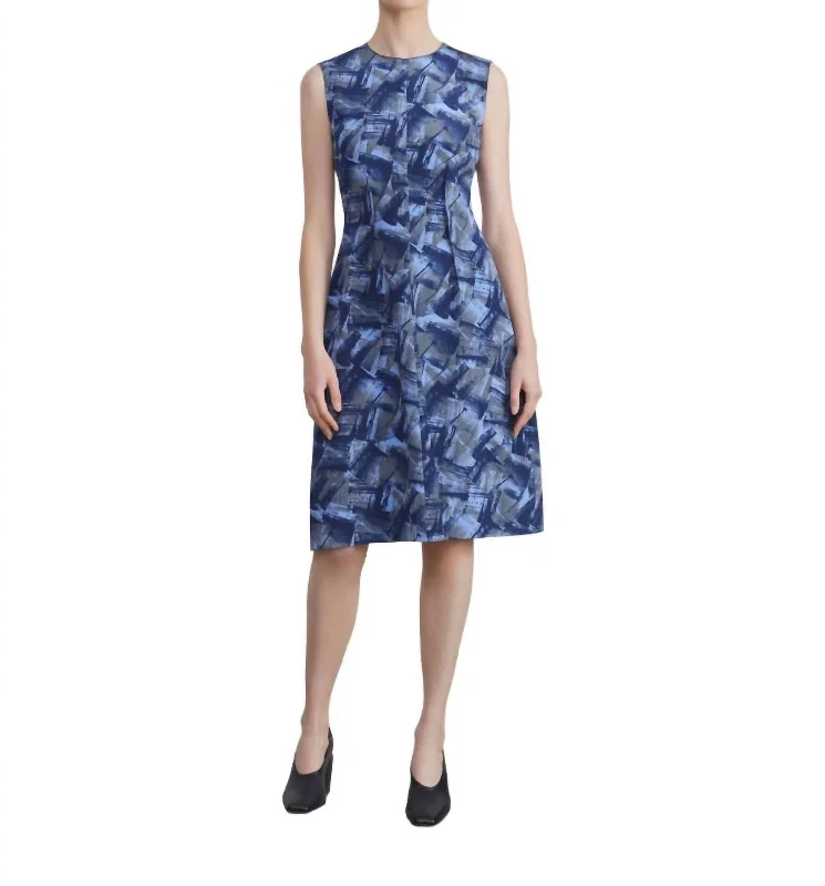 Petite Stamped Book Print Silk Crepe Dress In Blue Iris