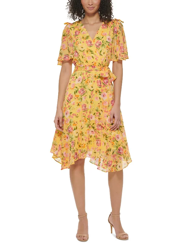 Petites Womens Floral Chiffon Midi Dress