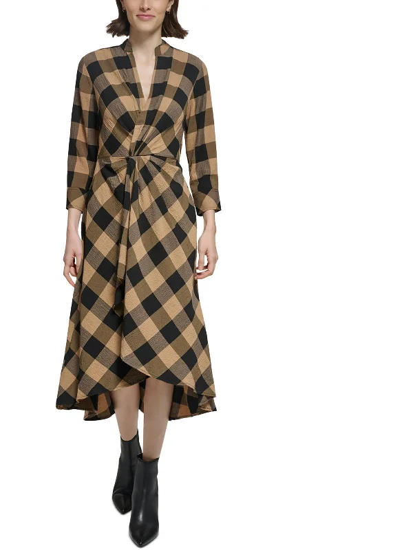 Womens Check Print Rayon Midi Dress