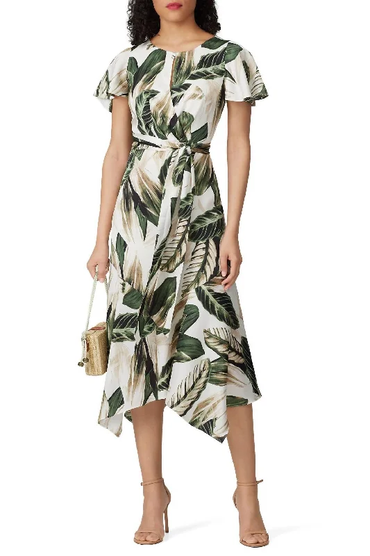 Palm Printed Tie Back Dress In Green