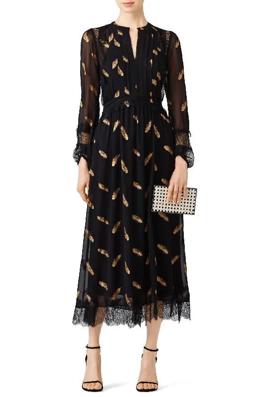 Leaf Printed Maxi Dress In Gold/black