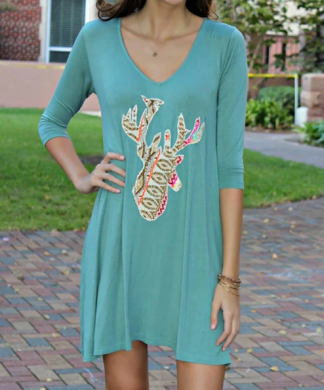 Deer Applique Dress In Sage