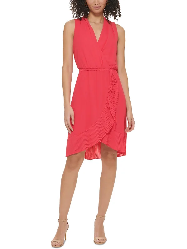 Petites Womens V Neck Mini Wrap Dress