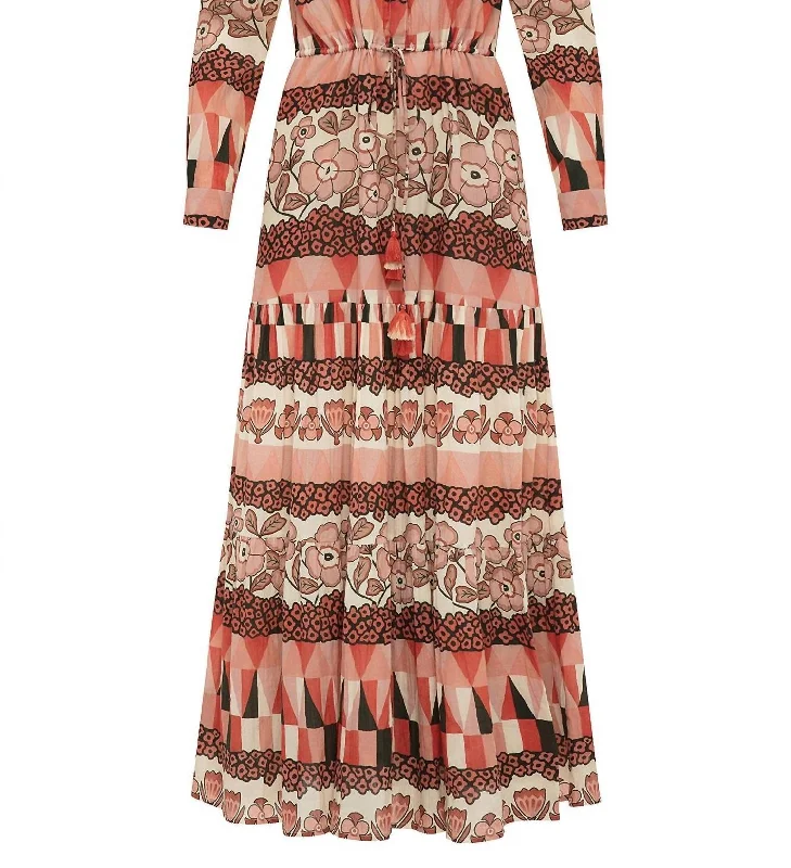 Natalie Long Sleeve Dress In Rombus Flowers Pink