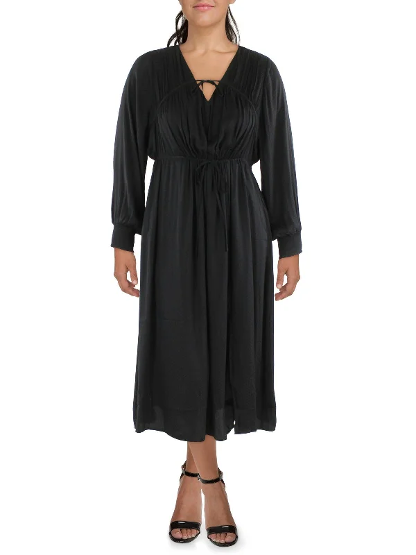 Plus Womens Tie Neck V Neck Maxi Dress