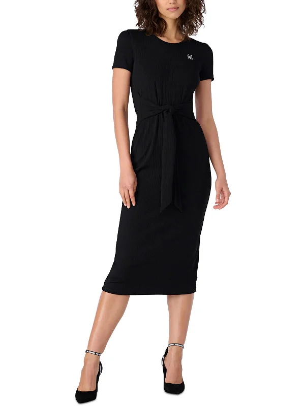 Womens Ribbed Attached Belt T-Shirt Dress