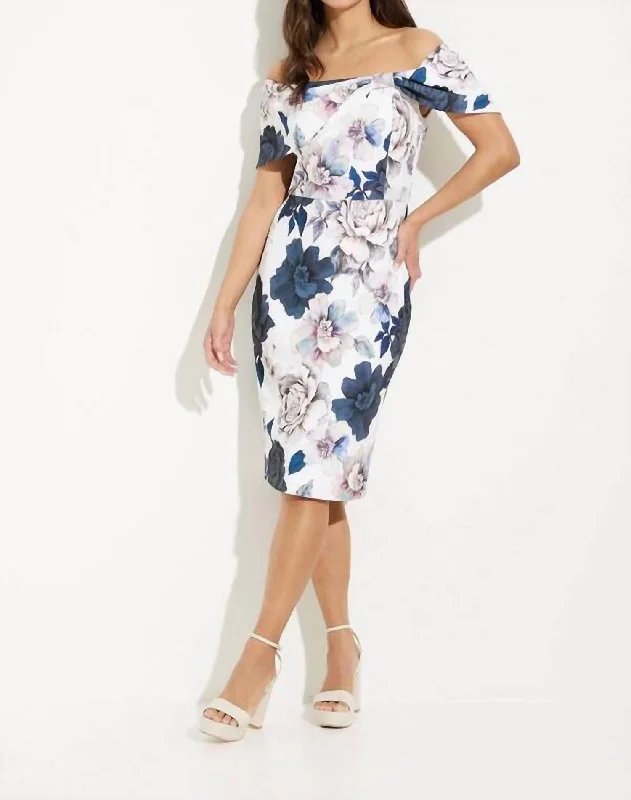 Floral Exposed Shoulder Dress In Vanilla/multi