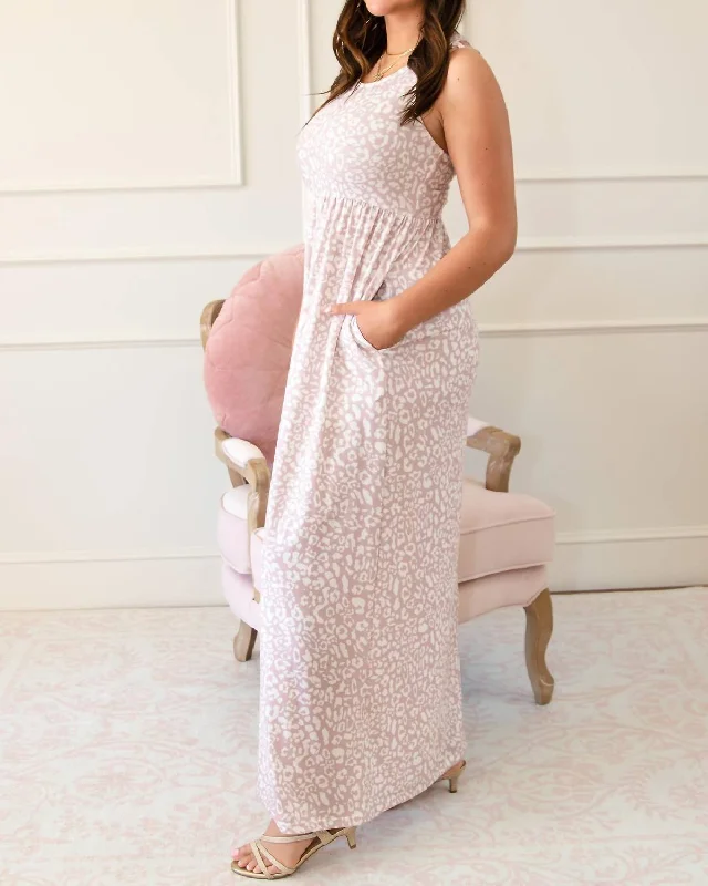 Leopard Pattern Pocketed Sleeveless Maxi Dress In Light Pink