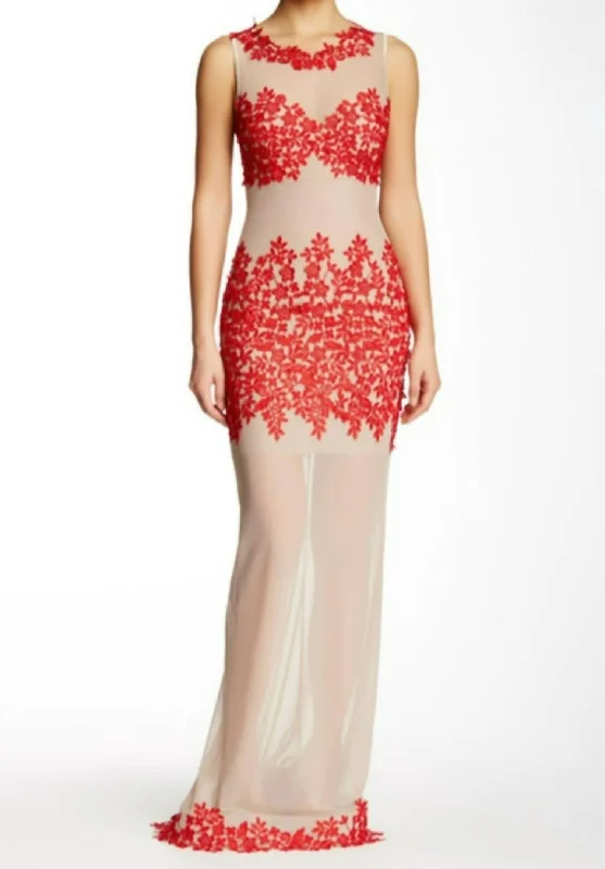 Illusion Gown In Red, Beige