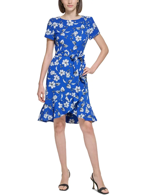 Petites Womens Floral Print Crepe Fit & Flare Dress