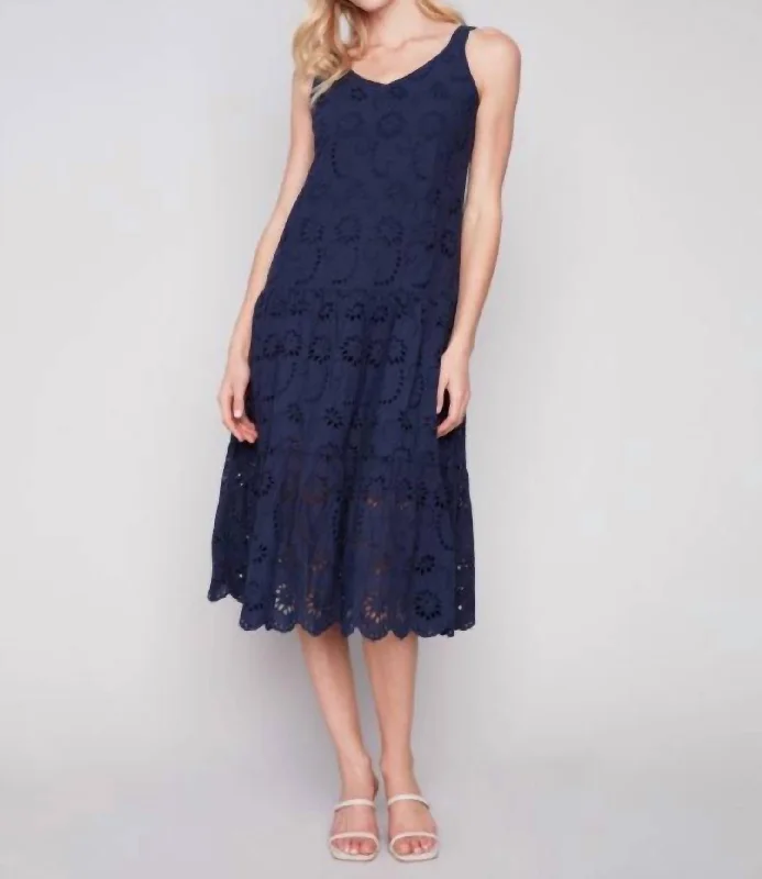 Cotton Eyelet Midi Dress In Navy