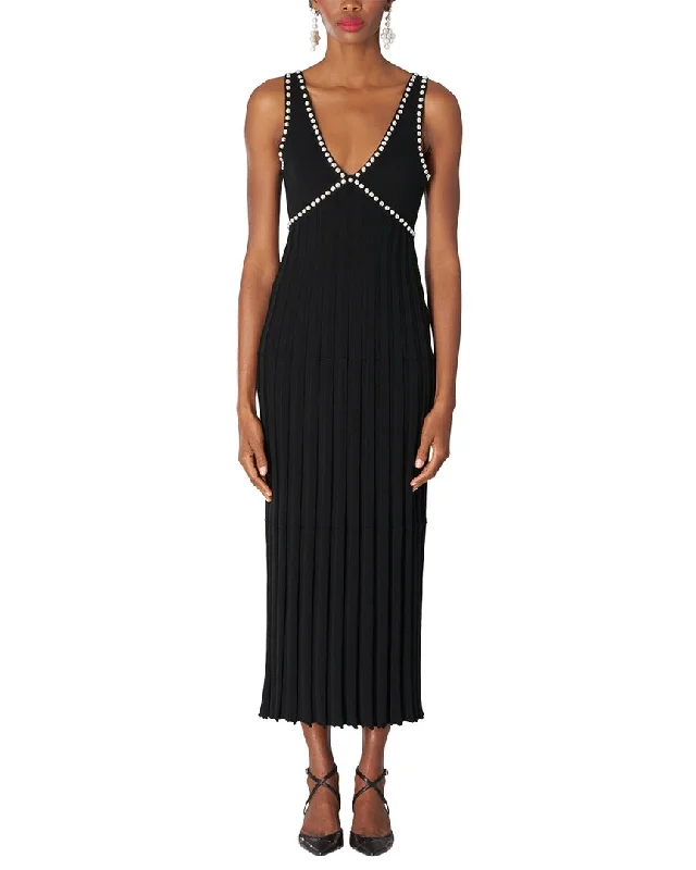 Carolina Herrera V-Neck Pleated Knit Wool-Blend Midi Dress